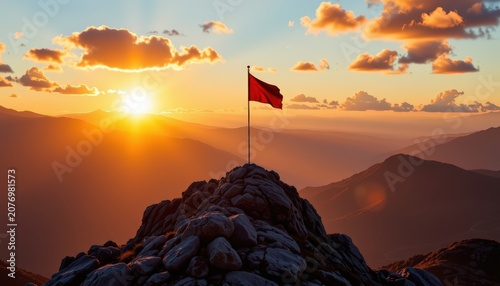 A solitary flagpole silhouette standing on the highest mountain peak beneath a breathtaking sunrise