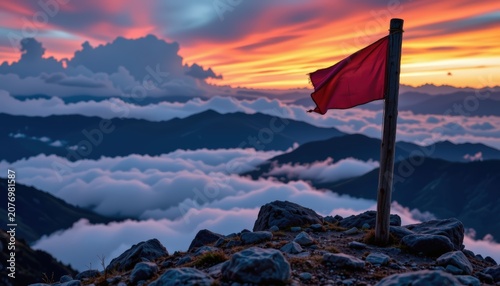 A weathered wooden flagpole overlooking a sea of clouds from a rocky summit at dawn