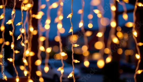 Elegant golden fairy lights suspended against a deep blue evening background