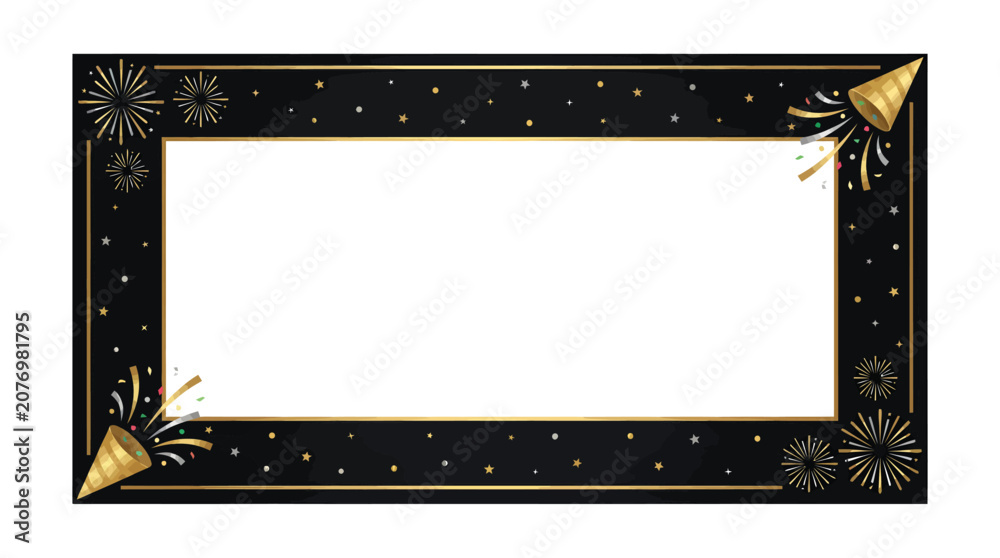 Fototapeta premium Black Gold Celebration Frame With Fireworks For Party Invitations