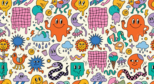 Photos vector illustration seamless pattern, surreal silliness 2026 trend, playful absurd naive doodles, melting geometric