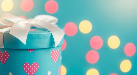 Teal gift box with white bow and pink hearts sits against a vibrant bokeh background perfect for holidays and celebrations.