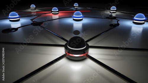 A network of interconnected devices with glowing data