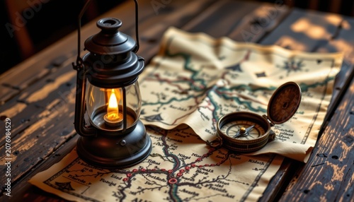 A vintage lantern glowing beside an old parchment map and compass on a rustic wooden table