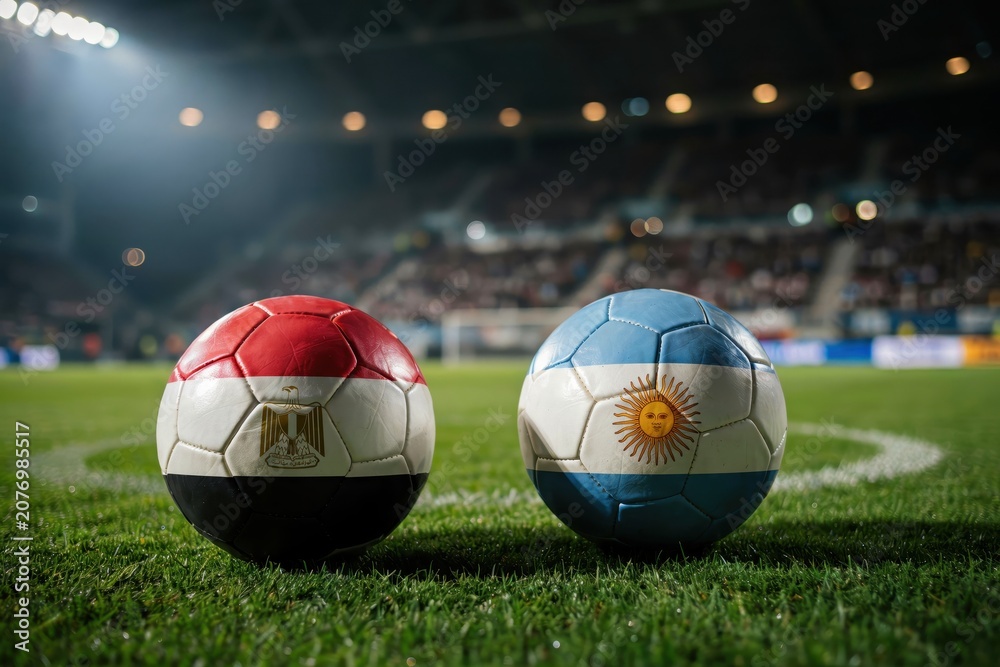 Obraz premium Soccer balls with Egyptian and Argentinian flags on stadium grass for international match