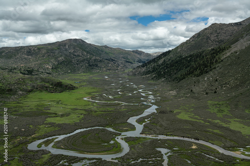 Aerial Top-Down View of Braided River and Wetland Texture in Lalongcuo, Baiyu