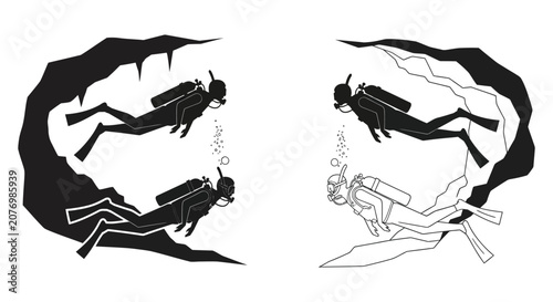 Billede på lærred Scuba Divers Silhouette With Cave Formation Black And White