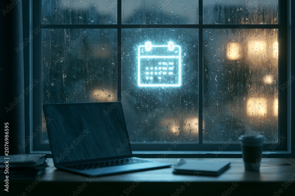Naklejka premium Rainy window workspace with calendar concept