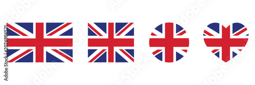 United Kingdom flag vector icon collection set with different shapes, circles, squares, and hearts for 
UK national day design.