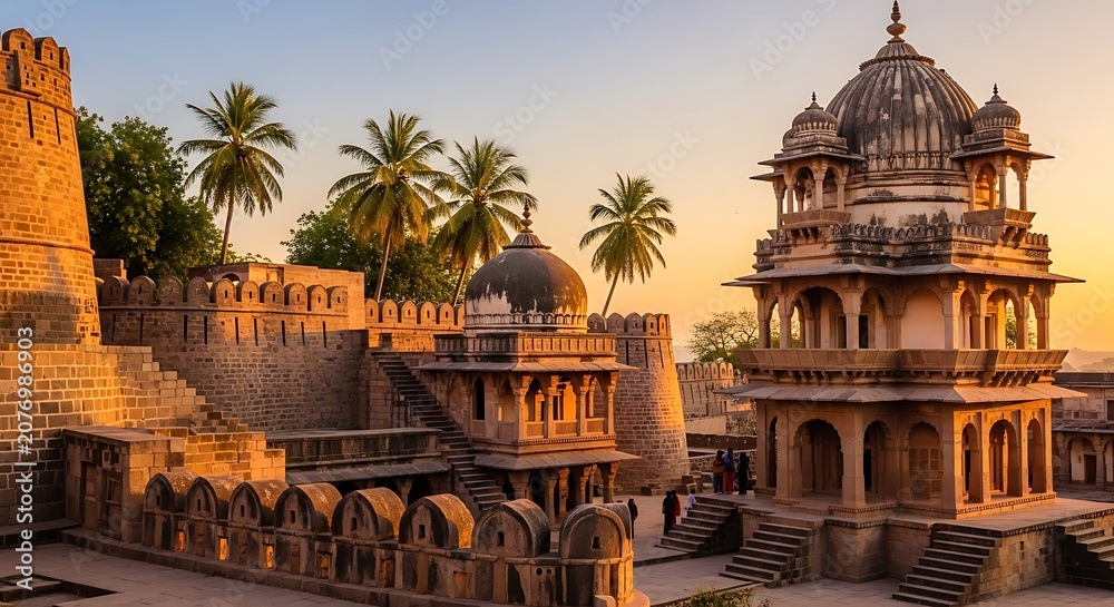 Naklejka premium Historic Fort Architecture Sunset Light with Dome Towers Palm Trees
