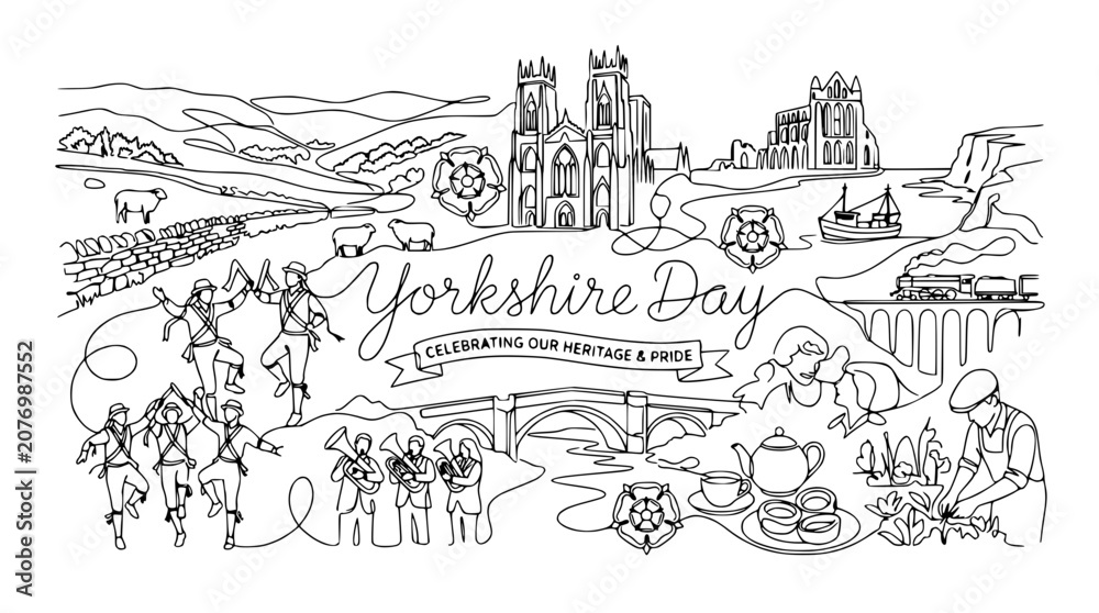 Fototapeta premium Yorkshire Day Illustration: Heritage, Celebration, Landscape, People, Traditions