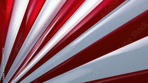 Red and white radial stripes bursting from corner. Glossy radiant lines, dynamic sunburst pattern background.