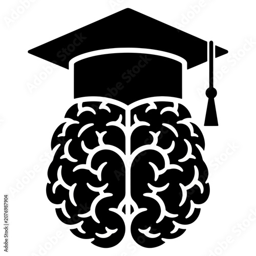 Conceptual Illustration of a Human Brain Wearing a Graduation Cap Representing Education, Intelligence, Academic Success, and Lifelong Learning Icon Isolated on White Background