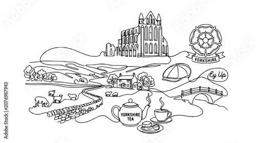 Εκτύπωση καμβά Yorkshire Landscape Sketch: Abbey, Tea, Sheep, Rose, and Countryside Icons