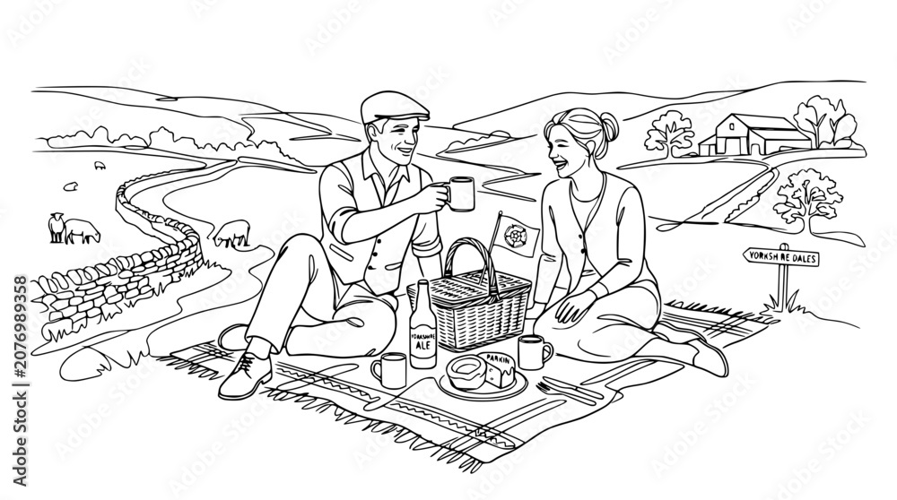 Obraz premium Couple Enjoying Picnic in Scenic Countryside Landscape - Vintage Line Art