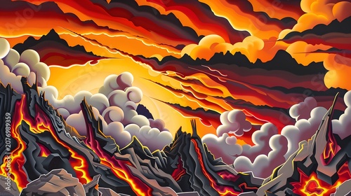 A dramatic volcanic landscape with molten lava