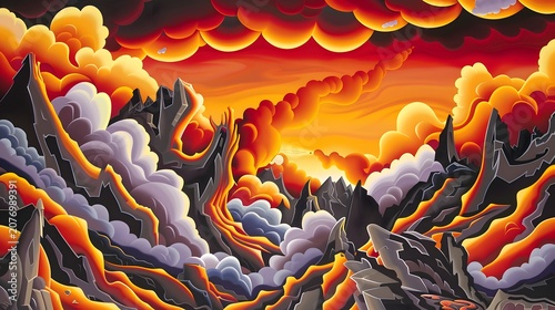 A dramatic volcanic landscape with molten lava