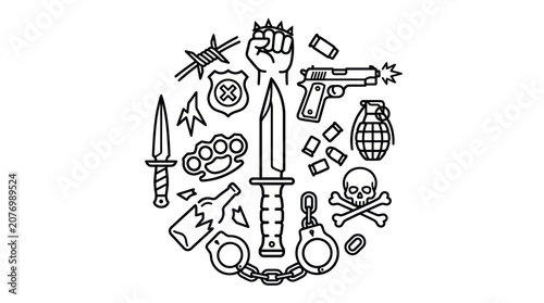 Crime and weapon icons circular composition.