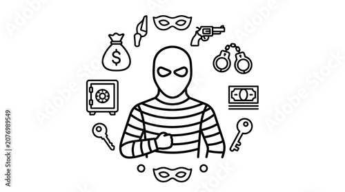 Schilderij op canvas Criminal burglar character with robbery and security icon set.