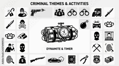 Photos Criminal activity icons including dynamite and weapons.
