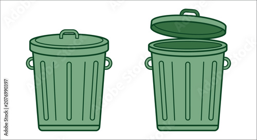 Bild auf Leinwand Green metal trash can illustration with open and closed lid variations on a whit