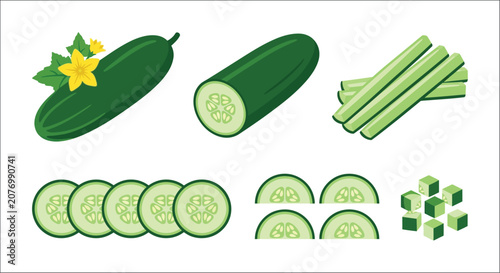 Photography Cucumber illustrations with sliced and cubed variations a flat vector depiction