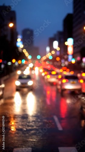 Blurred city traffic lights reflect on a wet road at night