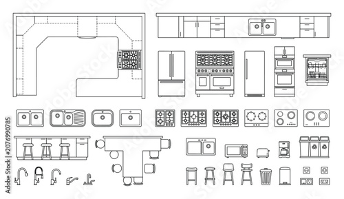 Detailed Architectural Kitchen Layouts and Appliance Icons Line Drawing