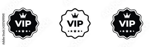 vip badge premium membership icon set. VIP Icon with Crown Symbol on Silver Badge, Exclusive Membership Sign. VIP text with star icon simple outline vector sign, premium membership label.