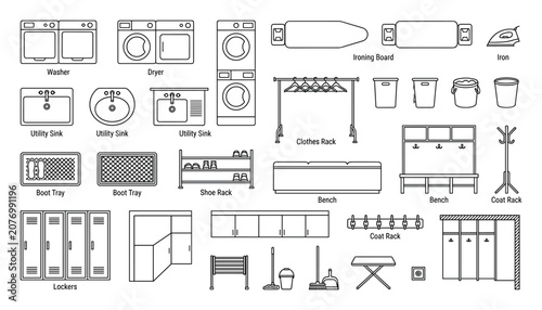Outline vector icons of laundry, mudroom, and utility room furniture and equipment.