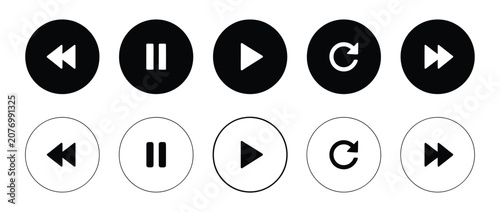 Schilderij op canvas Set of play and pause icon in black circle shapes with outline, isolated on a transparent background