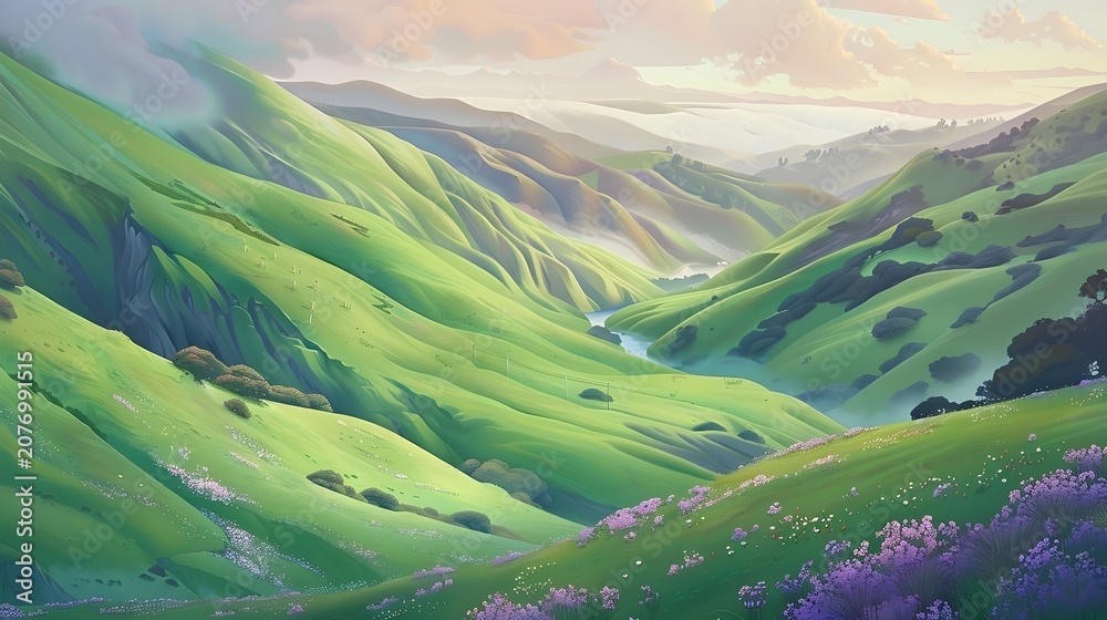 Fototapeta premium A lush green valley surrounded by rolling hills