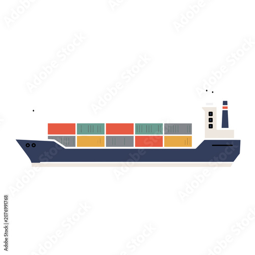 Flat vector illustration of a cargo ship with containers