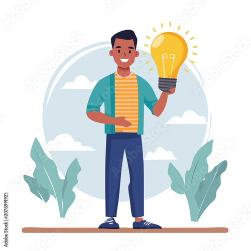 Man holding light bulb in flat illustration style