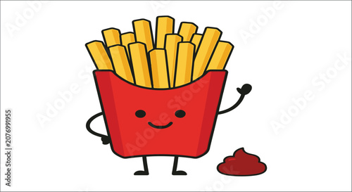 Cuadro en lienzo Cartoon french fries in a red container with a smiling face and accompanying bro