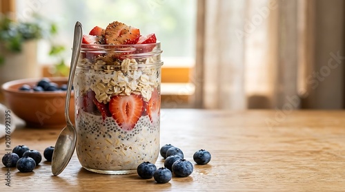 Healthy overnight oats with strawberries and chia seeds in a jar