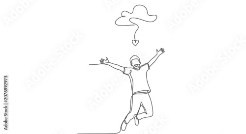 Cuadro en lienzo Joyful person jumping with heart cloud, one line drawing