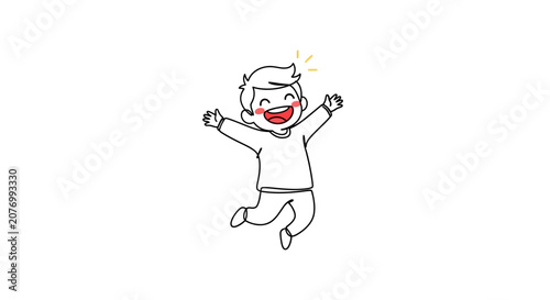 Fotografie Happy Boy Jumping with Joy, Cartoon Style, White Background