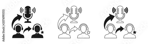 Podcast recording setup icons interview discussion and guest appearance illustrations in black and white