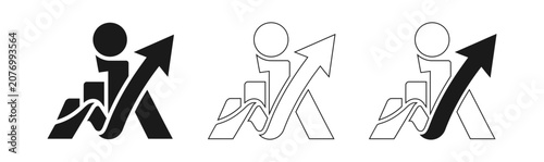 Stick figure climbing steps with arrow growth progress icons