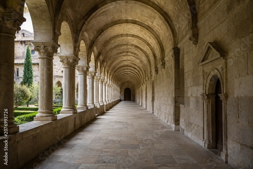 Monastery corridor with repeating stone arches extending into the distance, showcasing architectural symmetry.