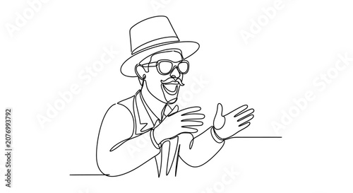 Photos Man in Hat and Glasses Talking Enthusiastically, Continuous Line Drawing