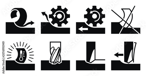 CNC machining, climb milling, chip formation, and cutting icons