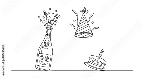 Celebration Elements: Champagne Bottle, Party Hat, and Cake - Line Art