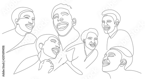 Diverse group of friends laughing together, continuous line art, celebration, joy, happiness, unity