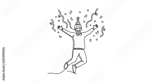 Happy Man Jumping with Confetti and Party Hat - Line Art Illustration
