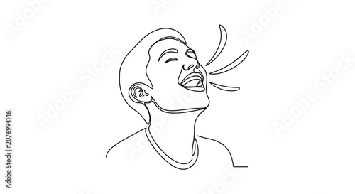 Joyful man laughing out loud, continuous line art, expressive face, sound waves