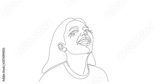 Joyful woman laughing with closed eyes, one line drawing art, expressive face, happiness, celebration, simple sketch