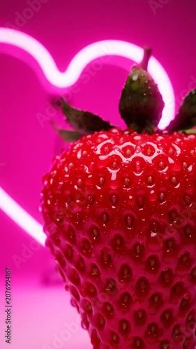 A fresh red strawberry sits before a glowing neon heart