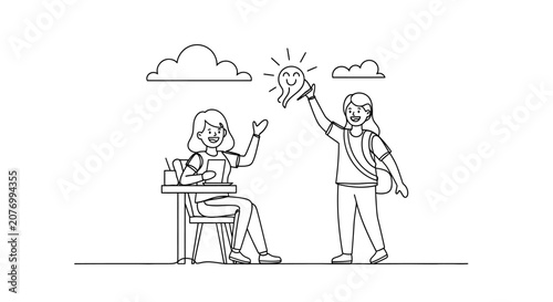 Happy Students Sharing Idea, Education and Collaboration Concept, Line Art Illustration